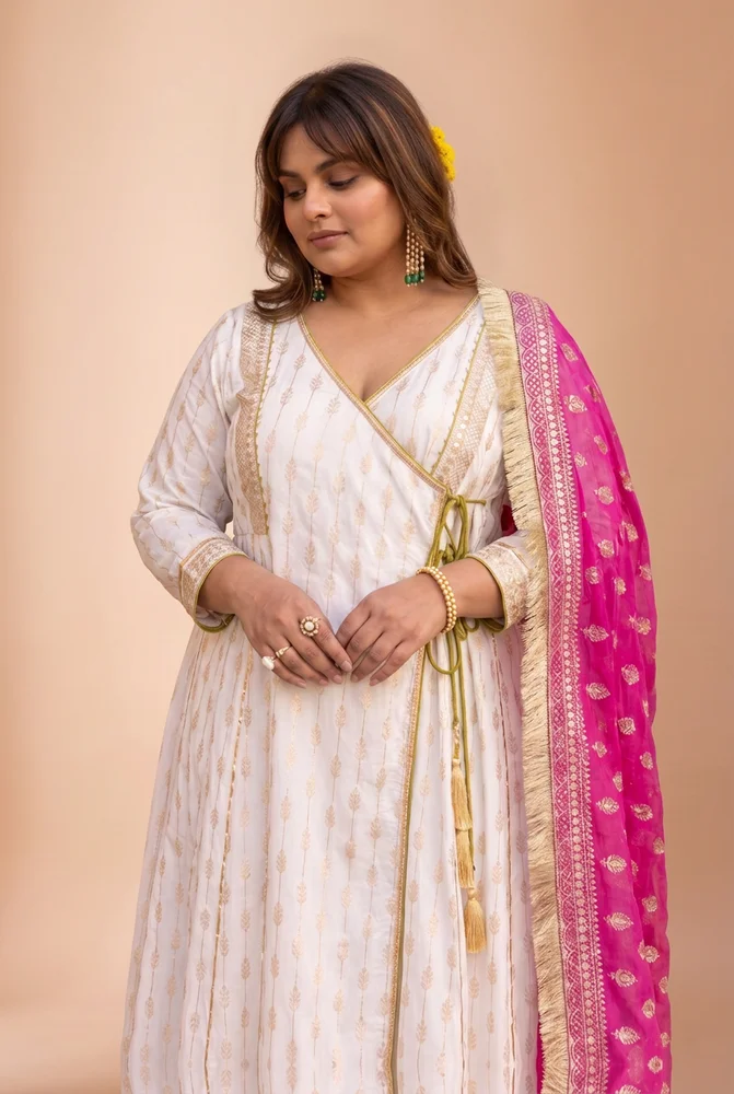 White Zari Ethnic Angrakha Set with Embroidered Dupatta 3