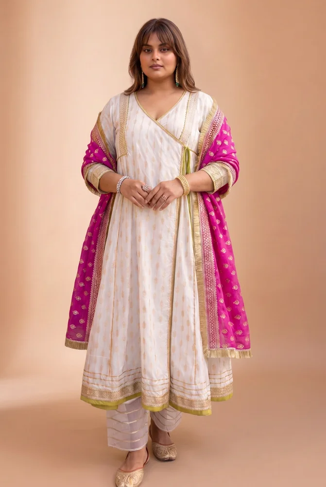White Zari Ethnic Angrakha Set with Embroidered Dupatta