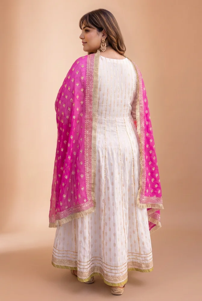 White Zari Ethnic Angrakha Set with Embroidered Dupatta 5