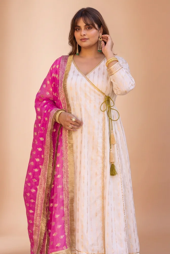 White Zari Ethnic Angrakha Set with Embroidered Dupatta 6
