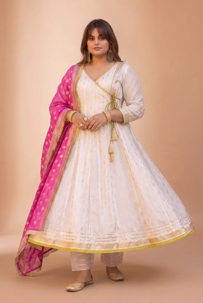 White Zari Ethnic Angrakha Set with Embroidered Dupatta 4