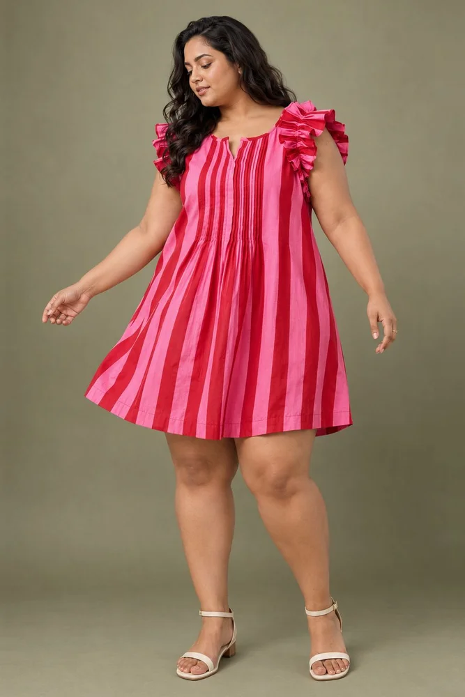 Pink & Red Striped Printed Short Dress with Ruffled Sleeves 2