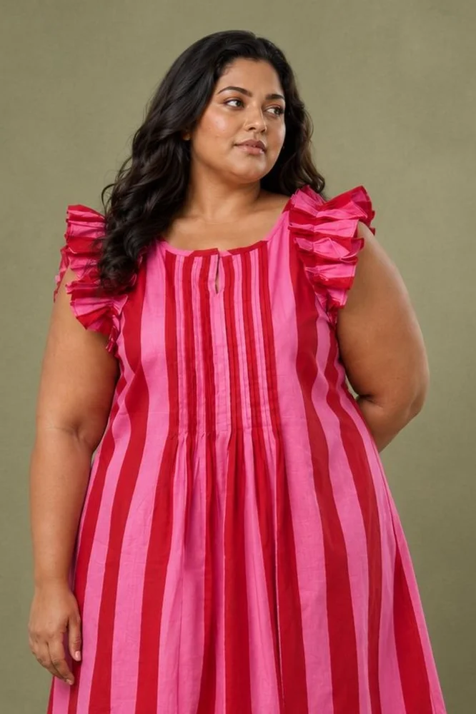 Pink & Red Striped Printed Short Dress with Ruffled Sleeves 3
