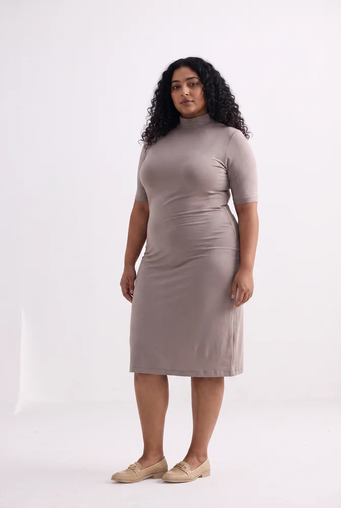 High Crew Neck Elbow Sleeves Fitted Dress in Earth Grey 2