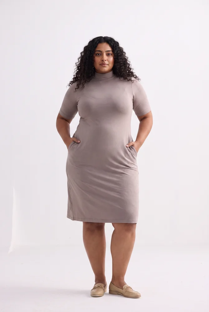 High Crew Neck Elbow Sleeves Fitted Dress in Earth Grey 4