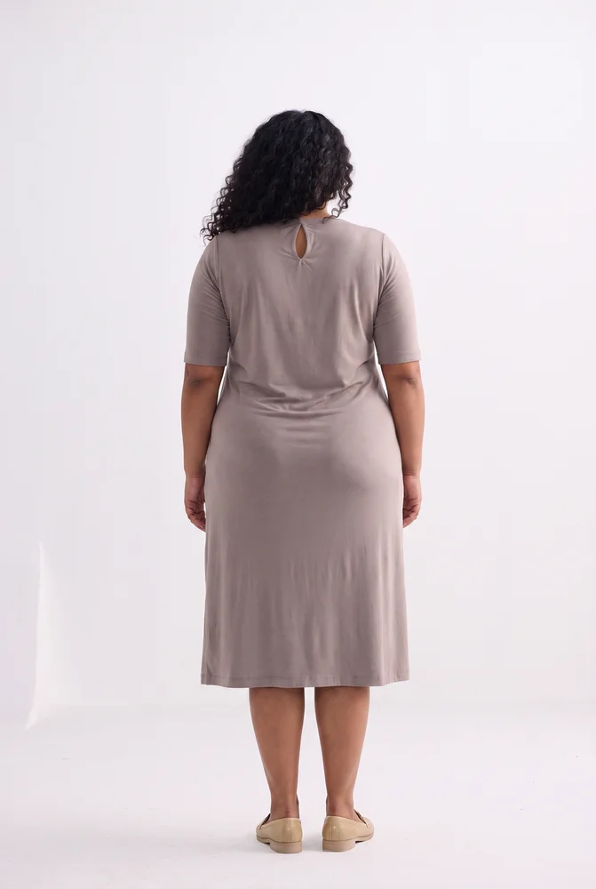 High Crew Neck Elbow Sleeves Fitted Dress in Earth Grey 7