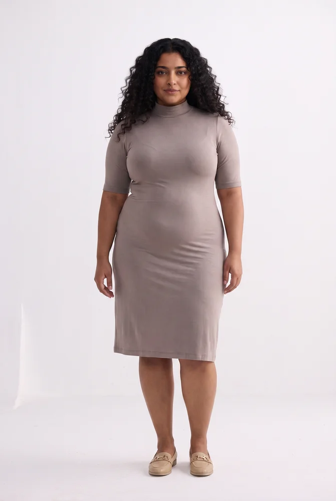 High Crew Neck Elbow Sleeves Fitted Dress in Earth Grey 5