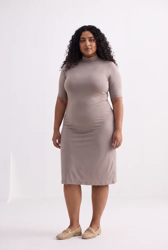High Crew Neck Elbow Sleeves Fitted Dress in Earth Grey 3