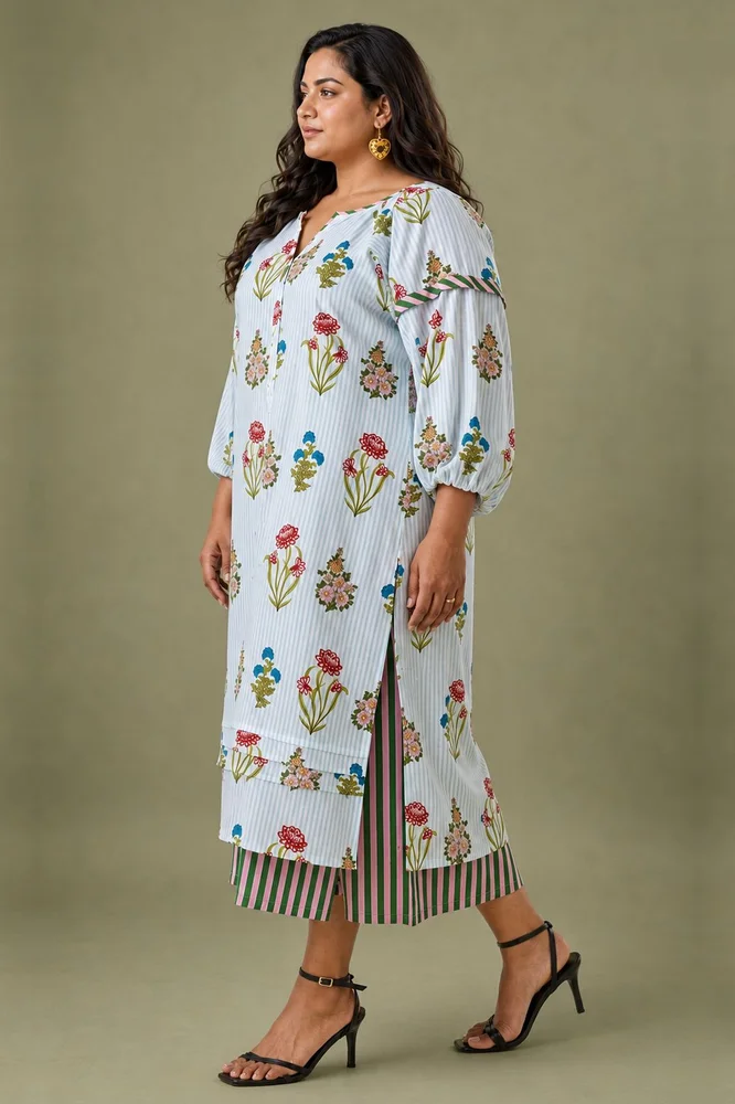 Aqua Floral Printed Double Layered Dress 2