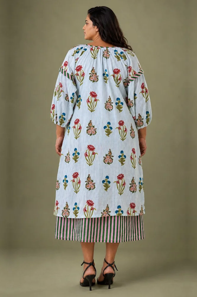 Aqua Floral Printed Double Layered Dress 5