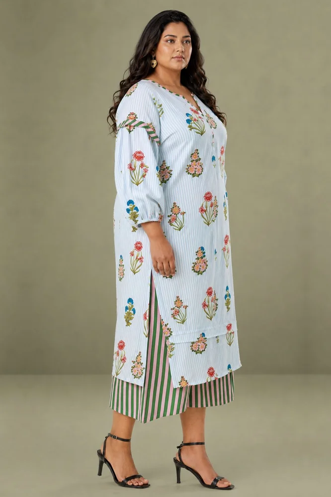 Aqua Floral Printed Double Layered Dress 4