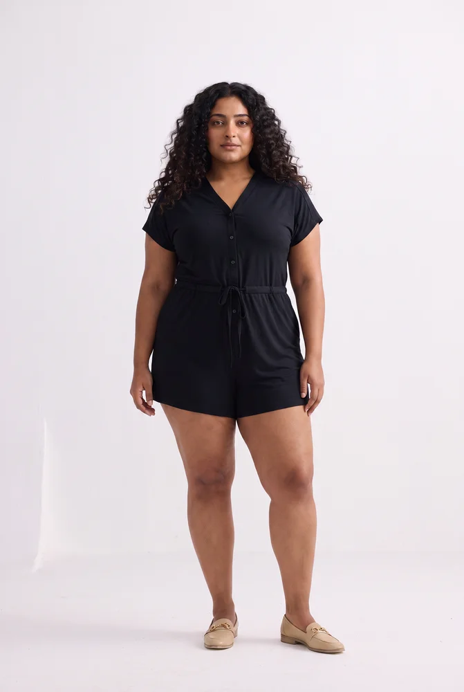 V neck Drawstring Knit Romper in Black 3
