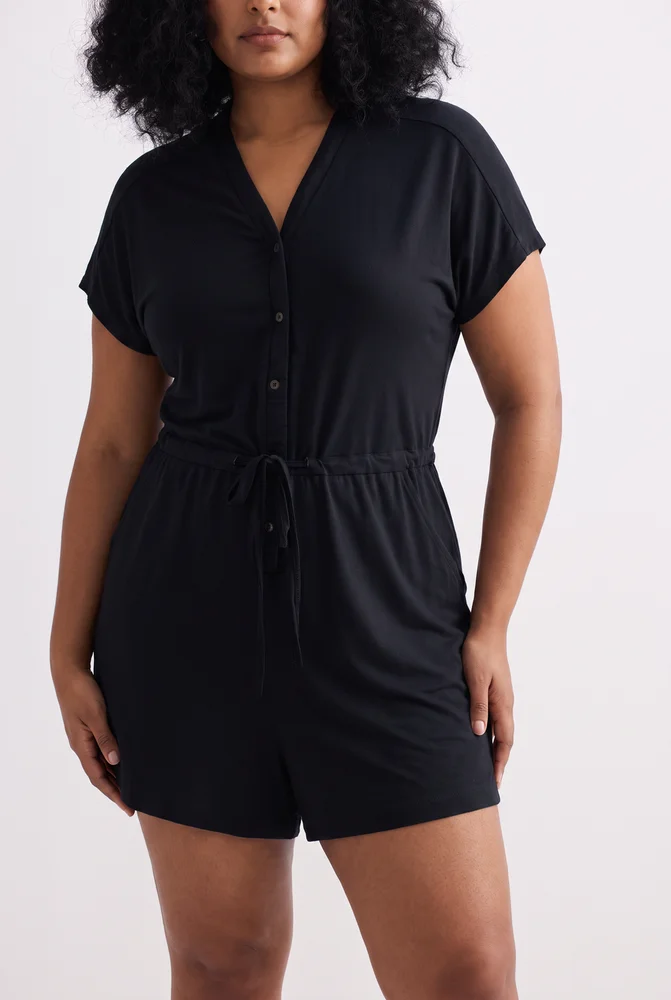 V neck Drawstring Knit Romper in Black 2