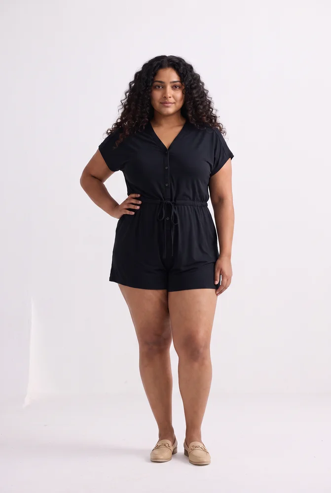 V neck Drawstring Knit Romper in Black