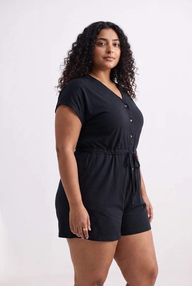 V neck Drawstring Knit Romper in Black 4
