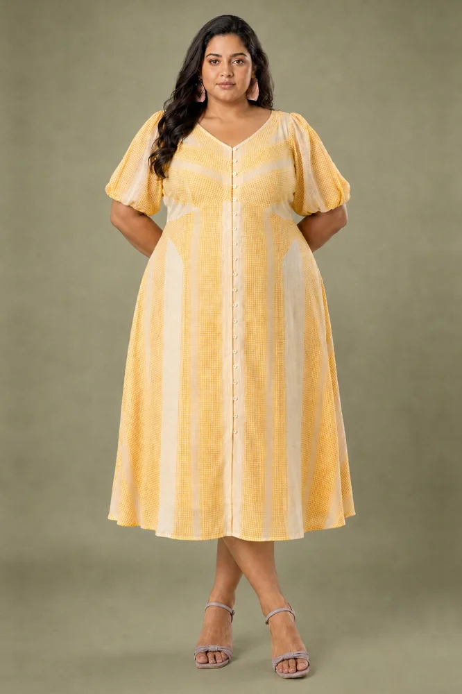 Yellow Check A Line Dress With Flower Patch Detail 3