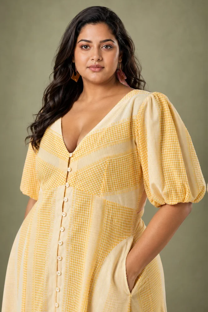 Yellow Check A Line Dress With Flower Patch Detail 2