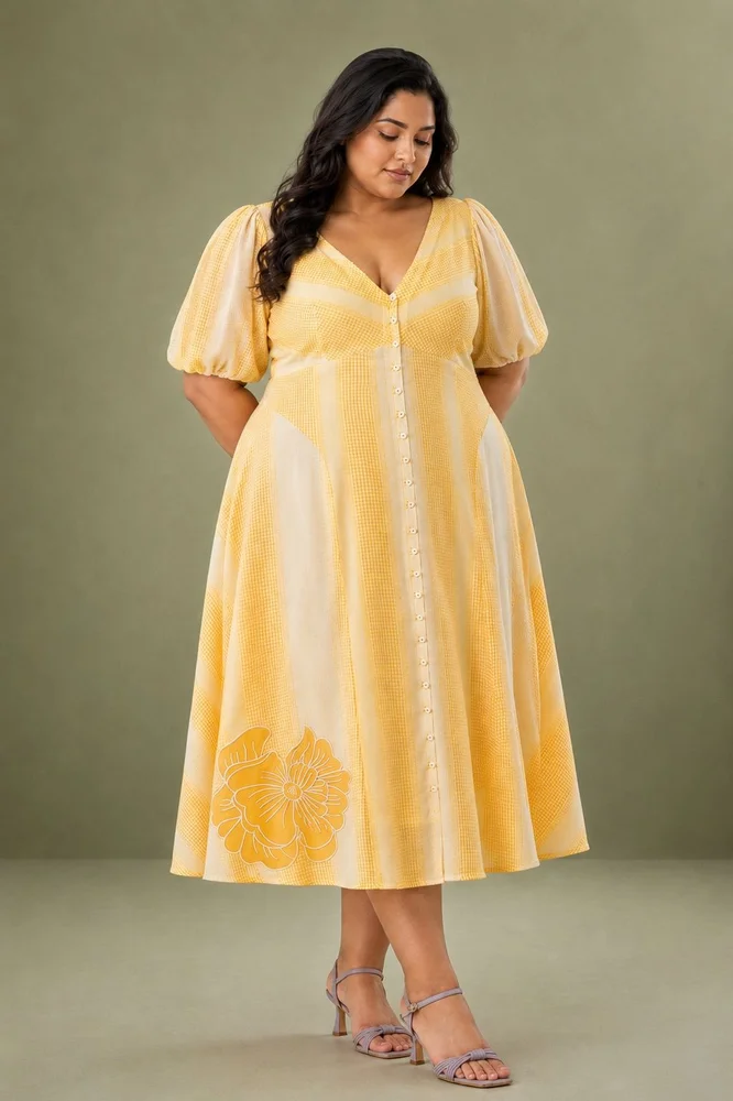 Yellow Check A Line Dress With Flower Patch Detail