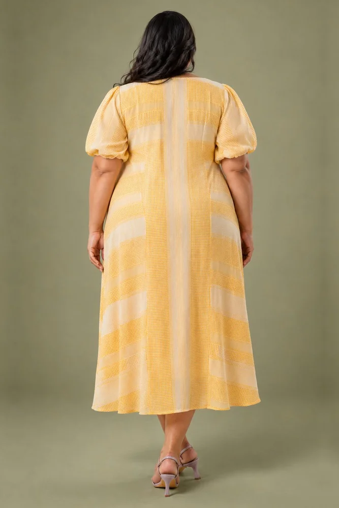 Yellow Check A Line Dress With Flower Patch Detail 4