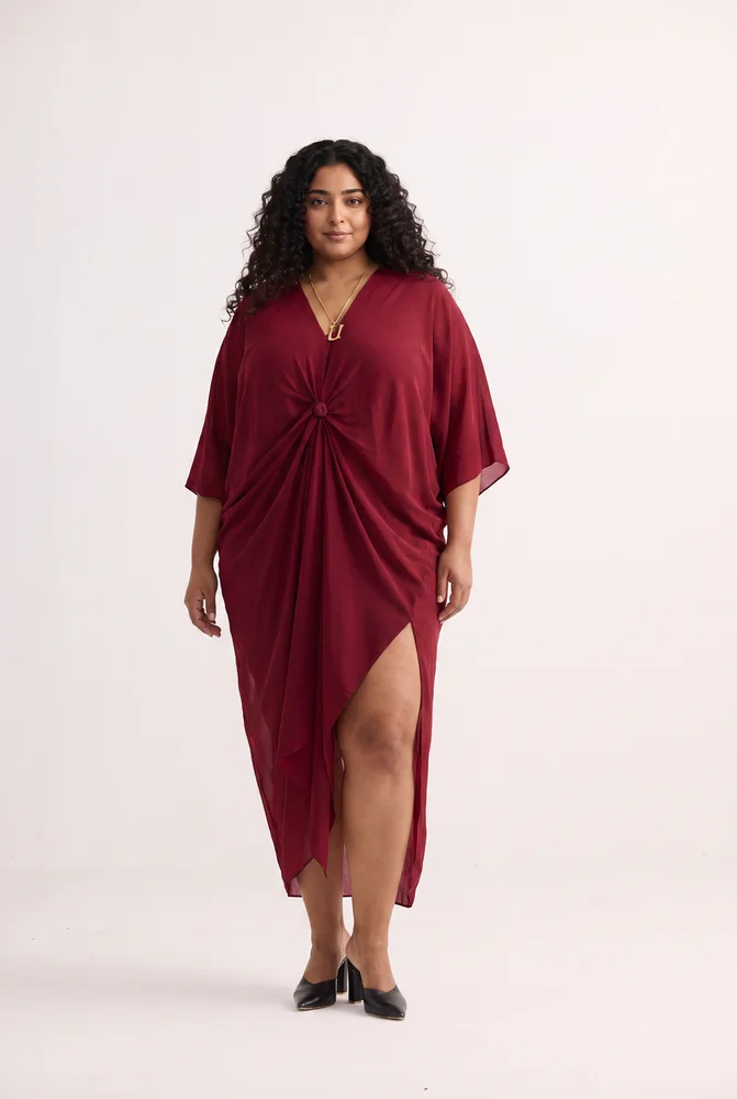 Front Twist Kaftan Dress in Burgundy