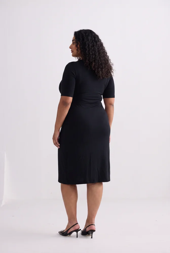 High Crew Neck Elbow Sleeves Fitted Dress in Black 5