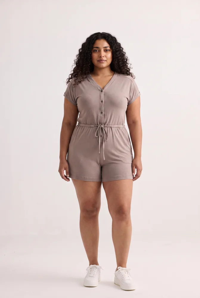 V-neck Drawstring Knit Romper in Earth Grey 4