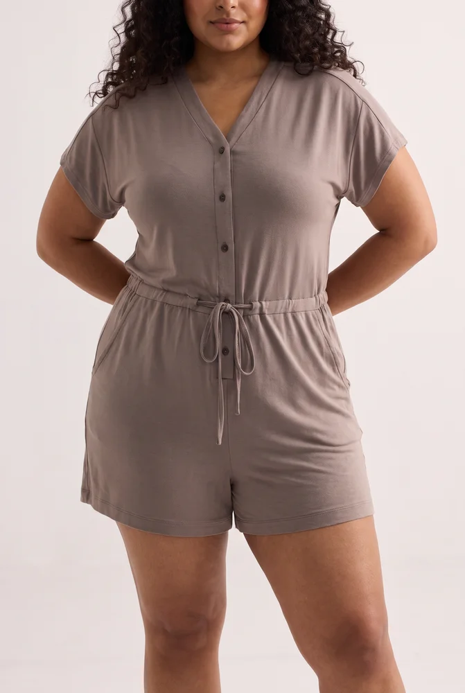 V-neck Drawstring Knit Romper in Earth Grey 3