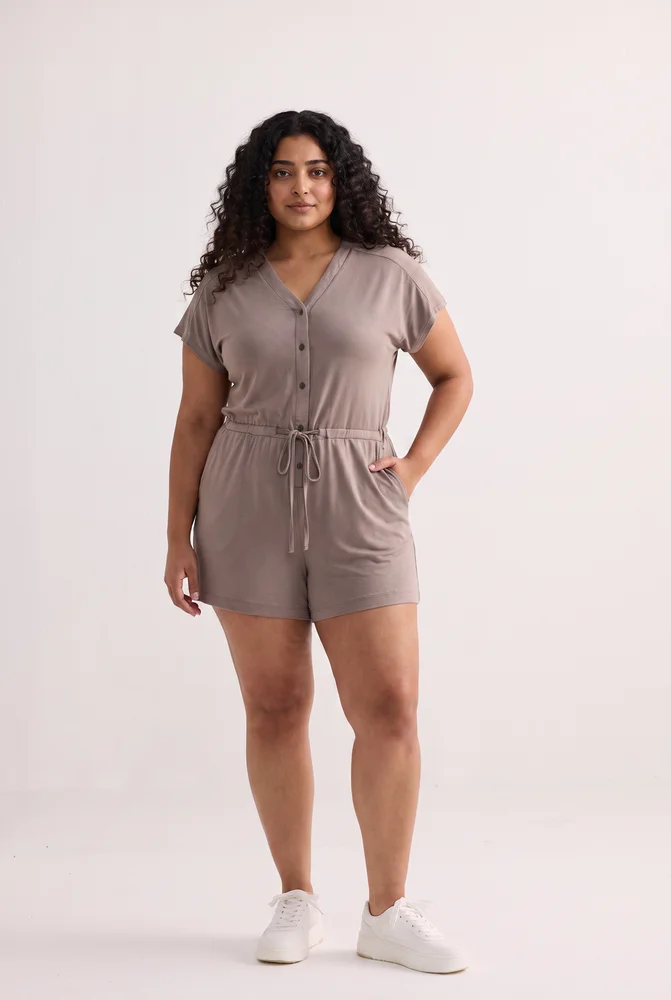 V-neck Drawstring Knit Romper in Earth Grey 5