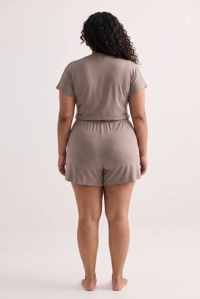V-neck Drawstring Knit Romper in Earth Grey 2