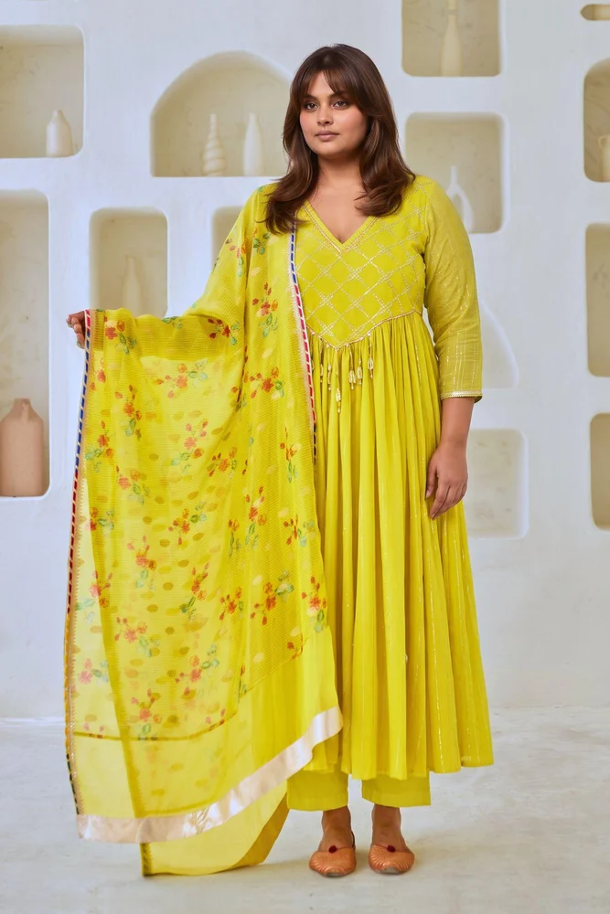 Lemon Green Flared Anarkali Set with Tissue Chanderi Dupatta