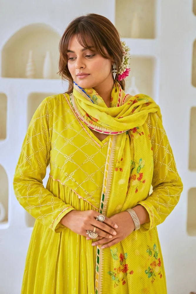 Lemon Green Flared Anarkali Set with Tissue Chanderi Dupatta 5