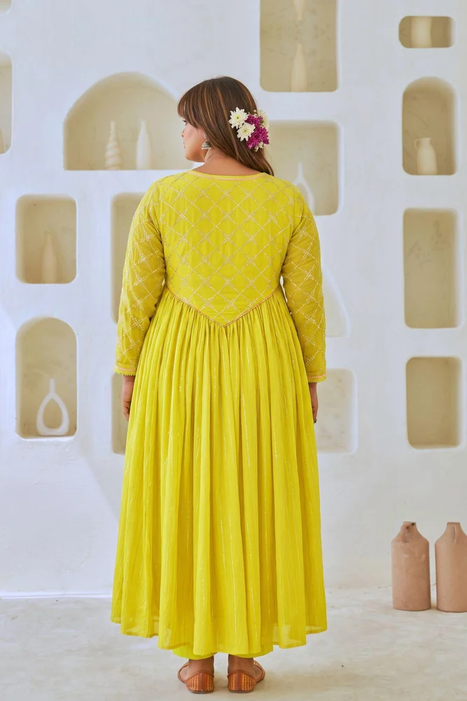 Lemon Green Flared Anarkali Set with Tissue Chanderi Dupatta 2