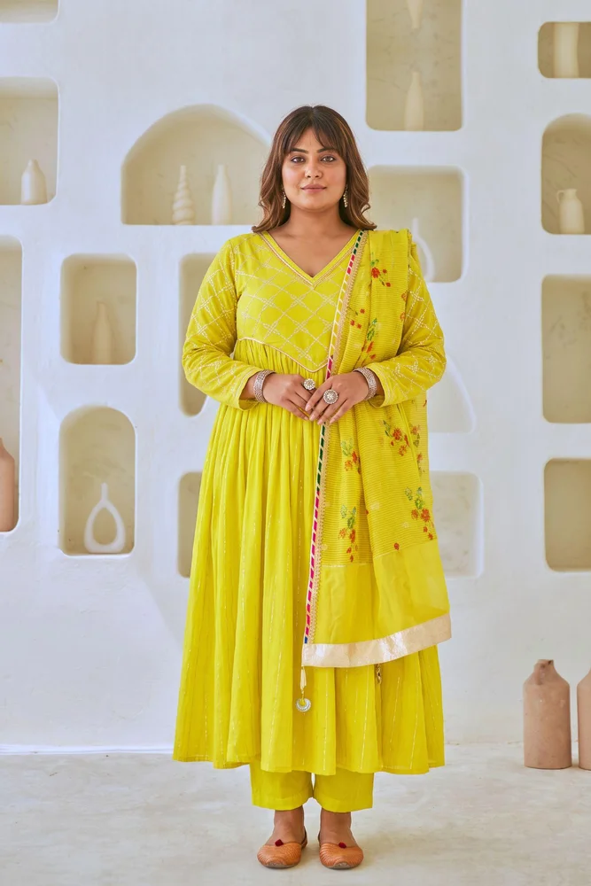 Lemon Green Flared Anarkali Set with Tissue Chanderi Dupatta 6