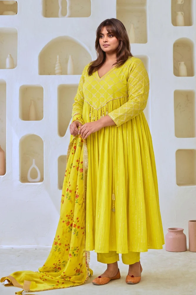 Lemon Green Flared Anarkali Set with Tissue Chanderi Dupatta 3
