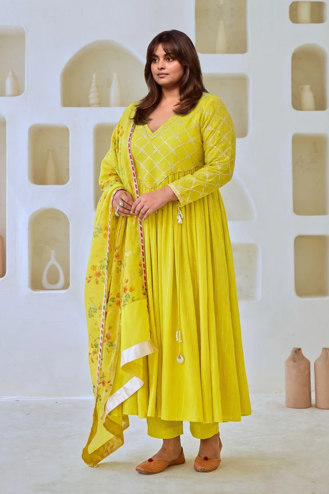 Lemon Green Flared Anarkali Set with Tissue Chanderi Dupatta 4