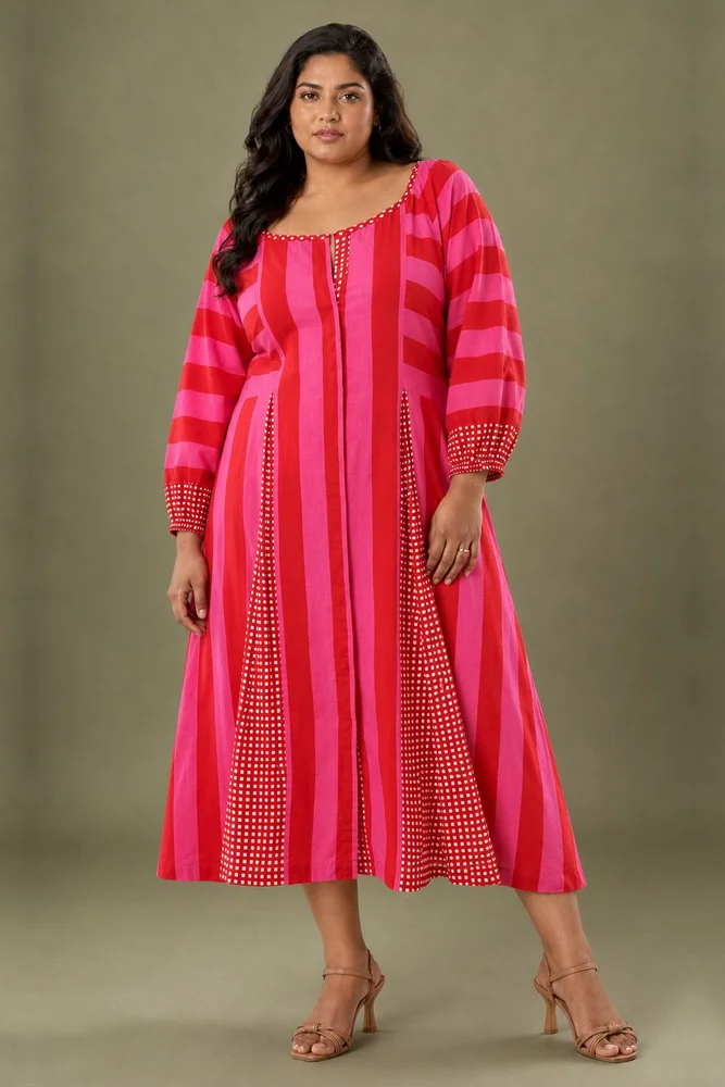 Pink & Red Striped Box Pleat Dress 4