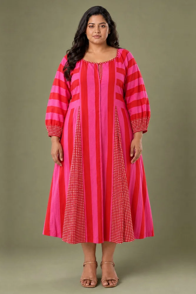 Pink & Red Striped Box Pleat Dress