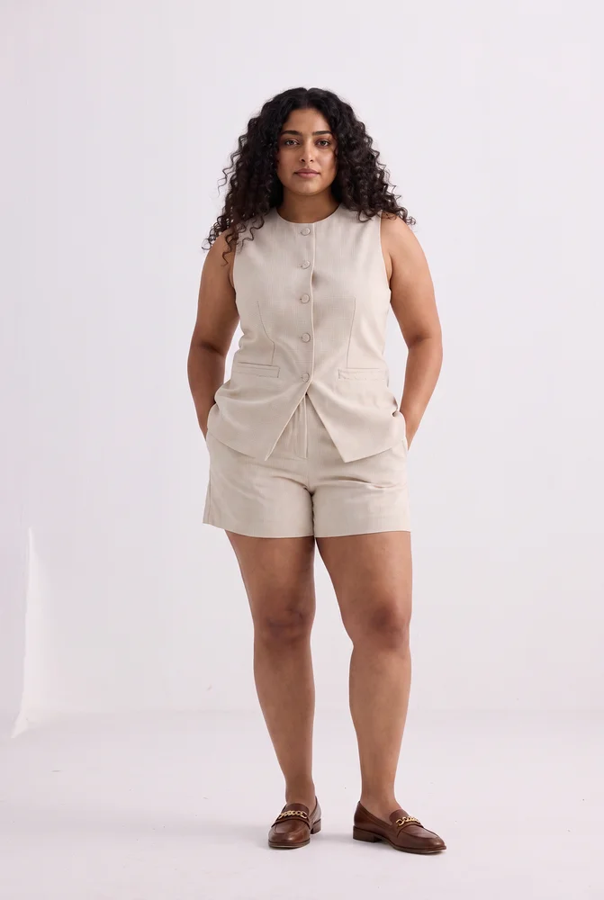 Cotton Tweed Vest Jacket Set in Cream