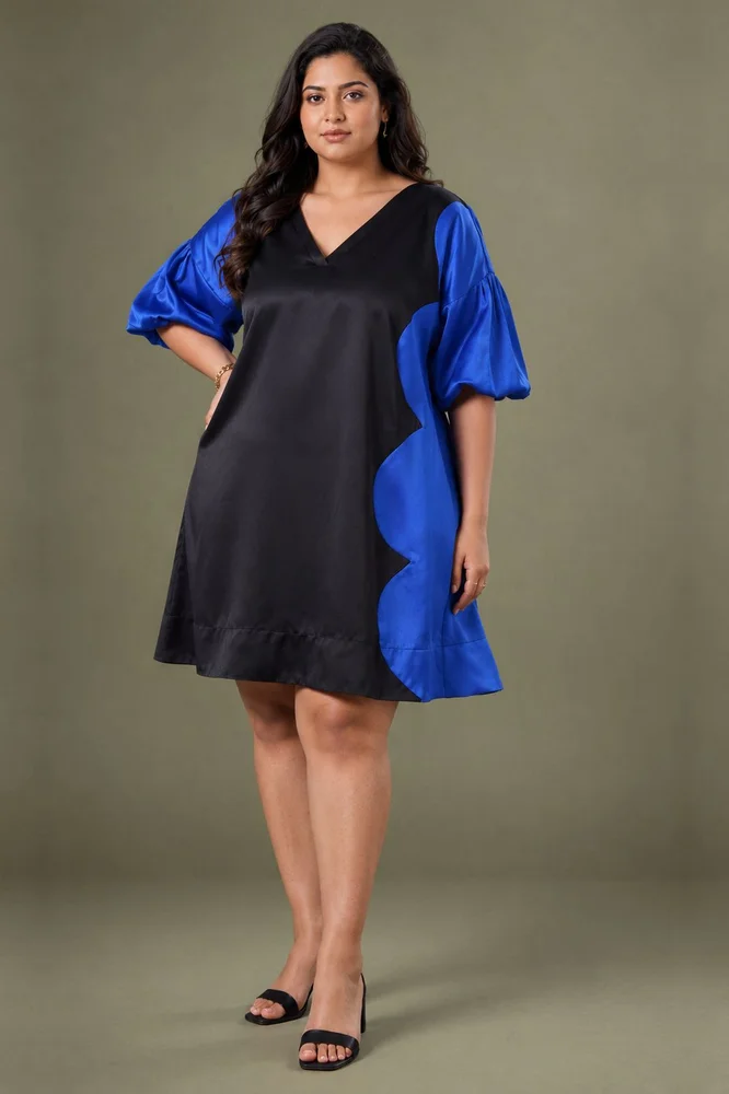 Blue & Black Cotton Satin V-Neck Short Party Dress