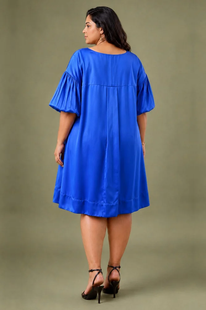 Blue & Black Cotton Satin V-Neck Short Party Dress 4