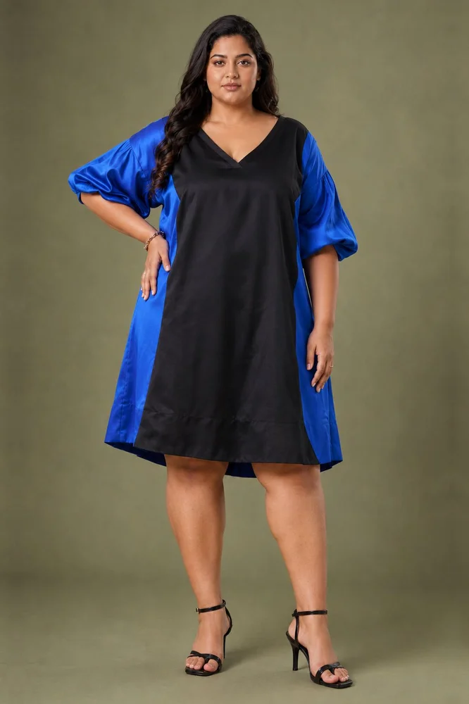 Blue & Black Cotton Satin V-Neck Short Party Dress 3