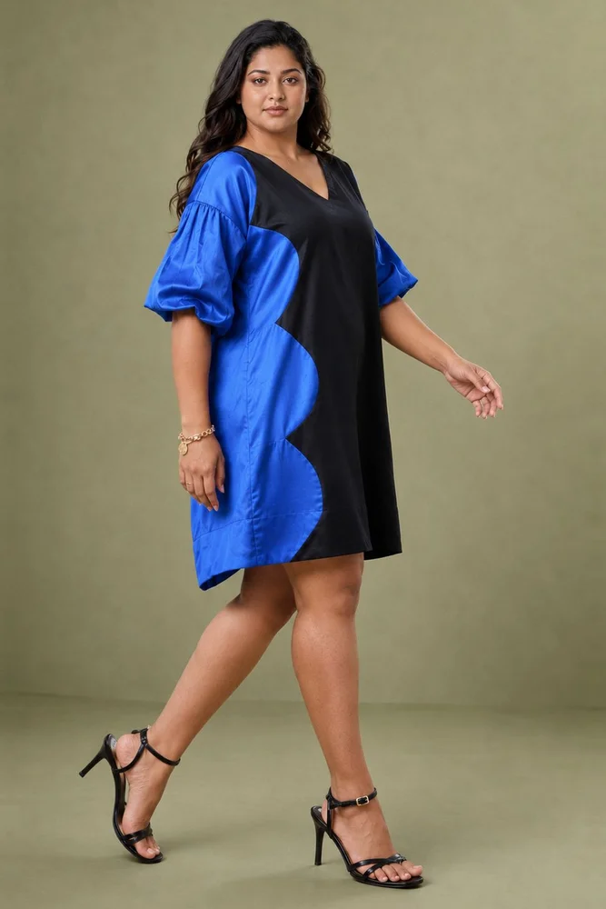Blue & Black Cotton Satin V-Neck Short Party Dress 5