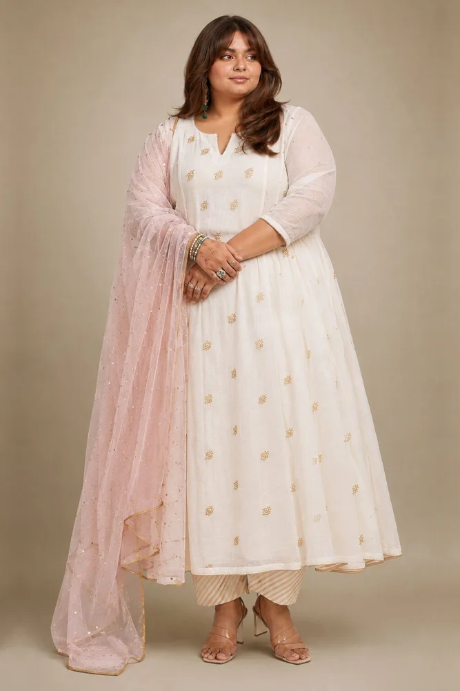 Ivory Anarkali Set with Embroidered Bootis