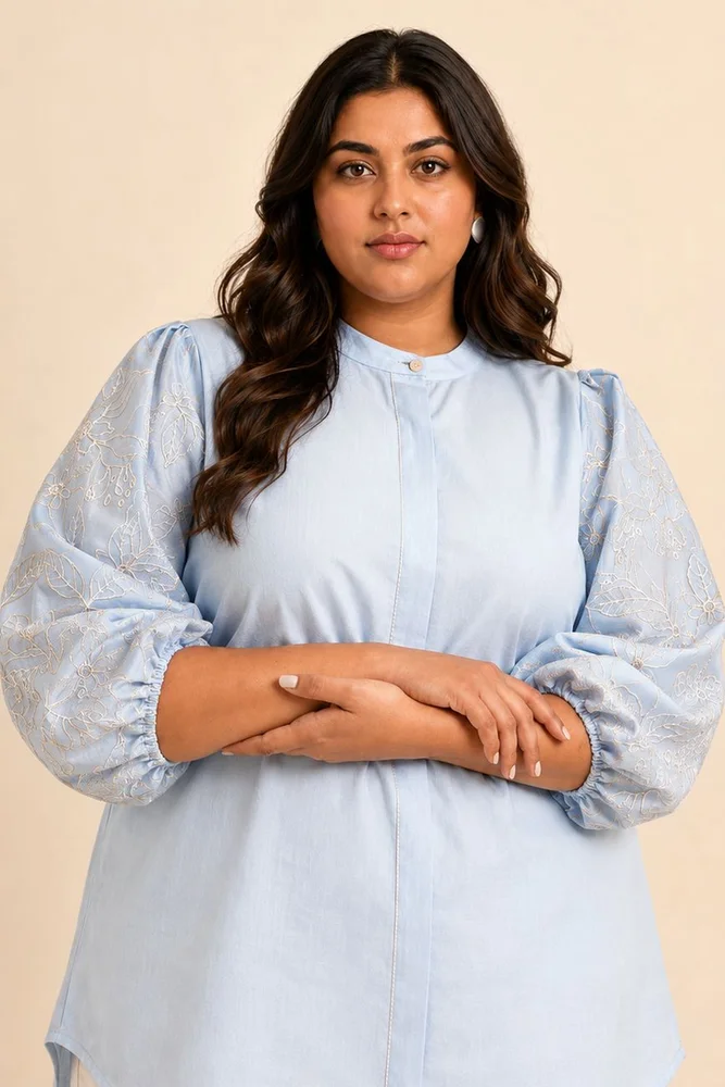 Ice Blue Oba Set - Embroidered Sleeve Top + Pants 2