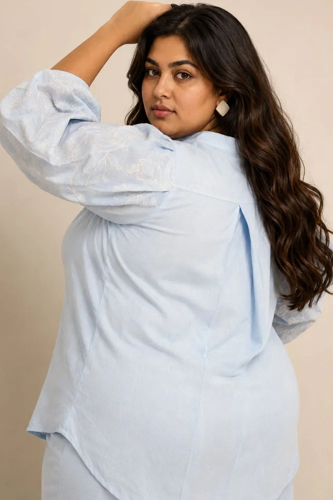 Ice Blue Oba Set - Embroidered Sleeve Top + Pants 4