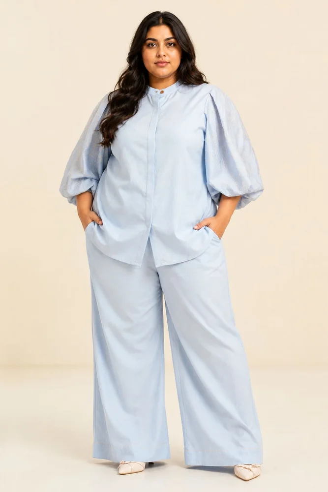 Ice Blue Oba Set - Embroidered Sleeve Top + Pants 5