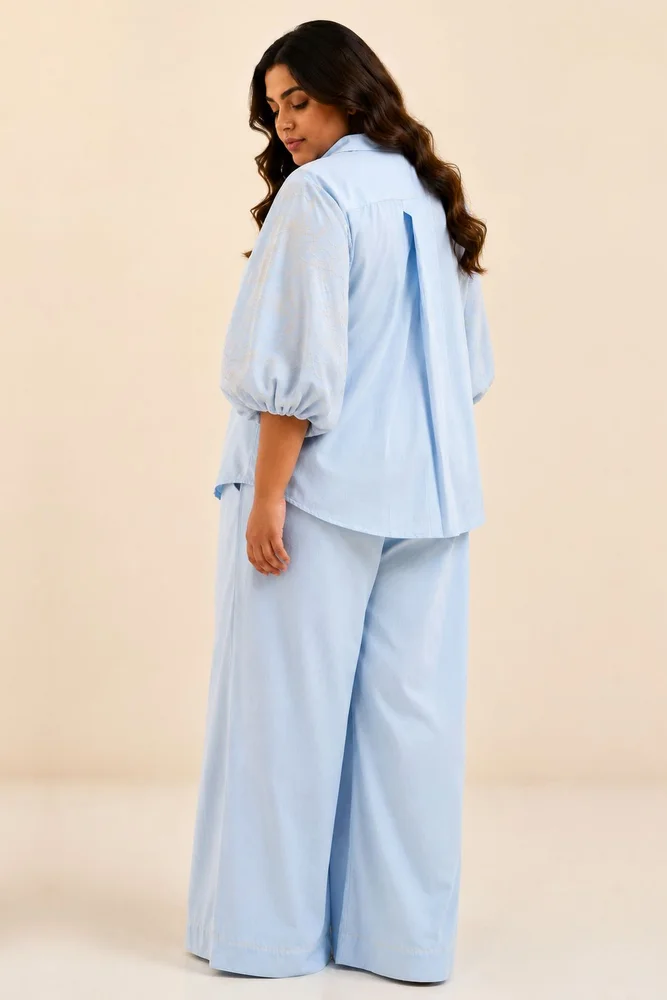 Ice Blue Oba Set - Embroidered Sleeve Top + Pants 6