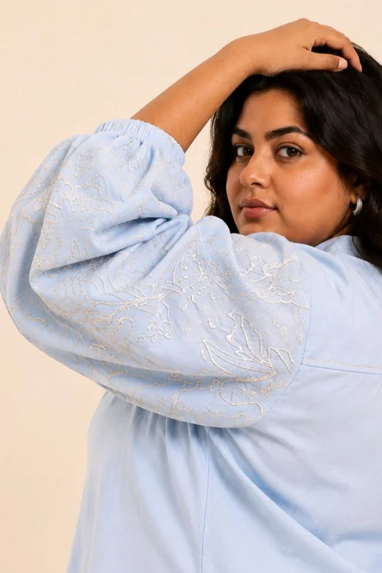 Ice Blue Oba Set - Embroidered Sleeve Top + Pants 3