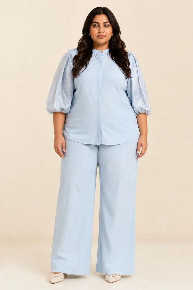Ice Blue Oba Set - Embroidered Sleeve Top + Pants