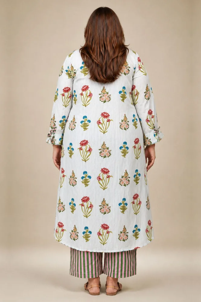 Aqua Floral V-Neck Long Kurta Paired With Striped Matching Pants 5